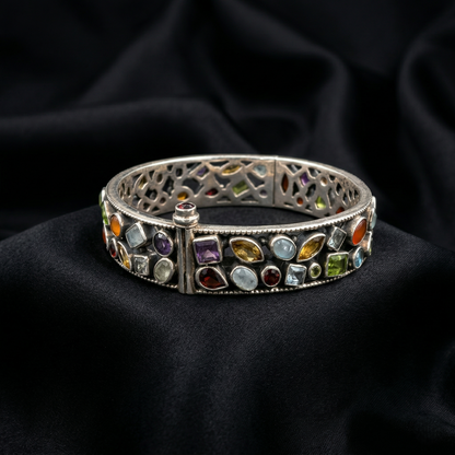 Multi-Gemstone Filigree Silver Kada Bracelet
