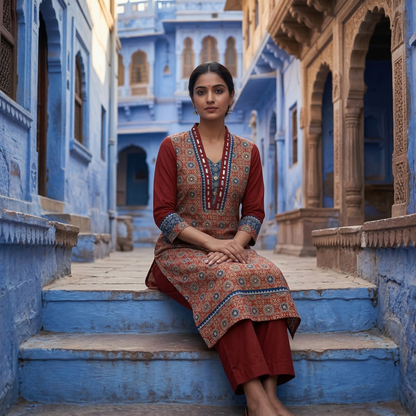 Earthy Maroon Ajrakh Print Ethnic Kurti