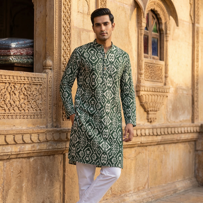 Elegant Green Ikat Print Cotton Kurta