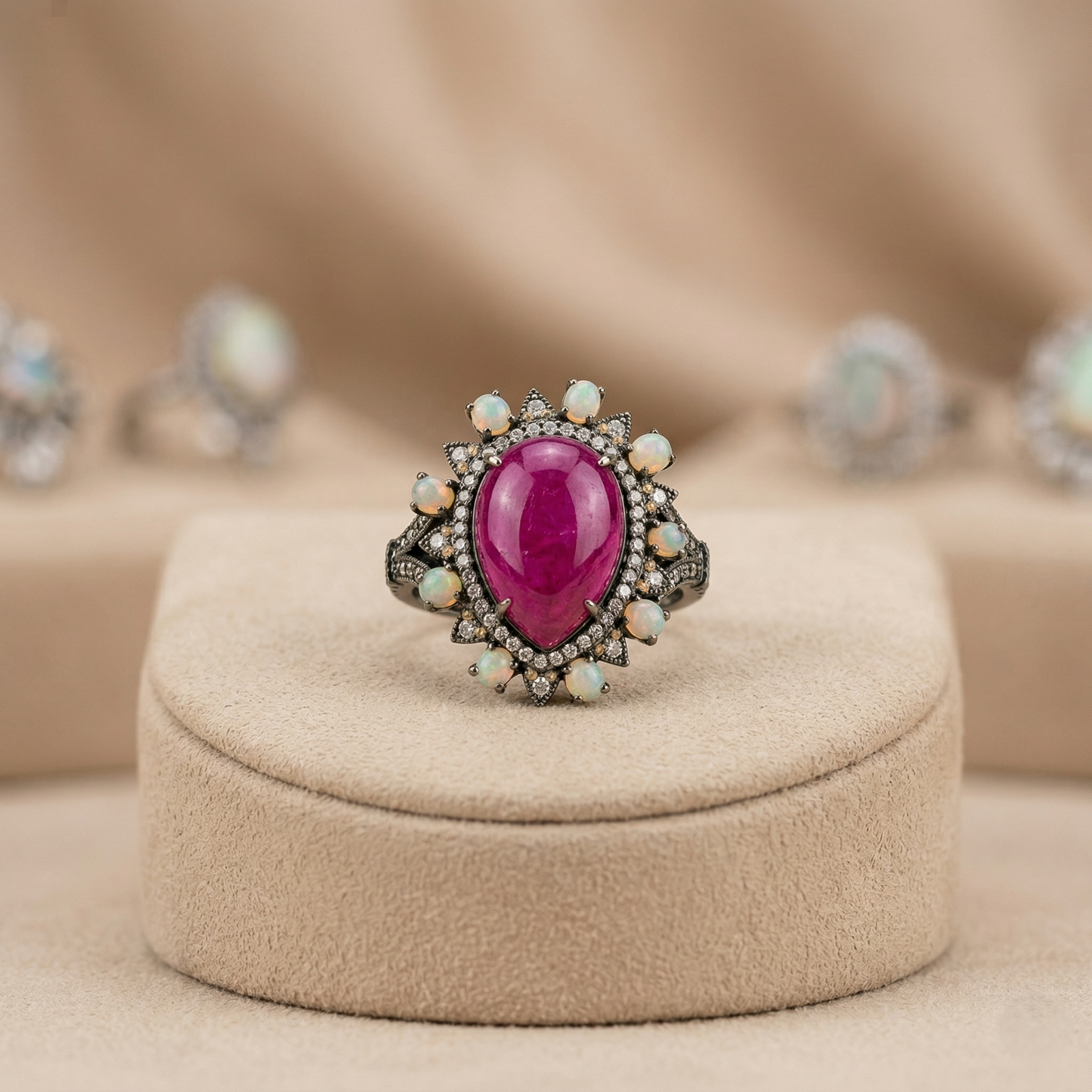Silver Ruby Pear & Opal Halo Ring