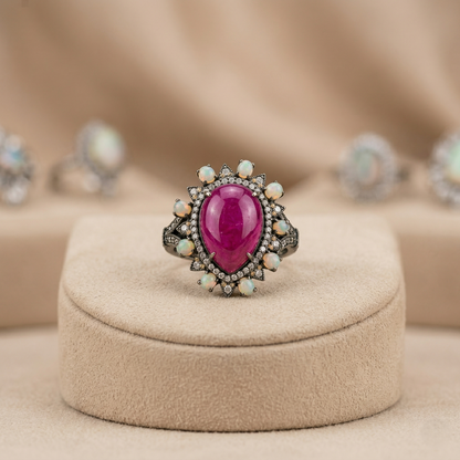 Silver Ruby Pear & Opal Halo Ring