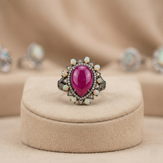 Silver Ruby Pear & Opal Halo Ring