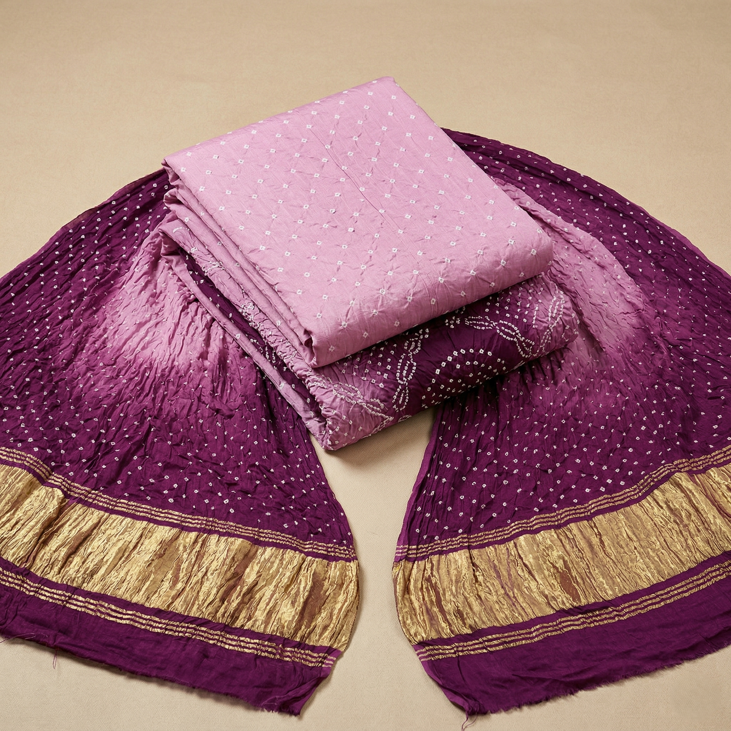 Royal Lavender Bandhani Silk Unstitched Suit