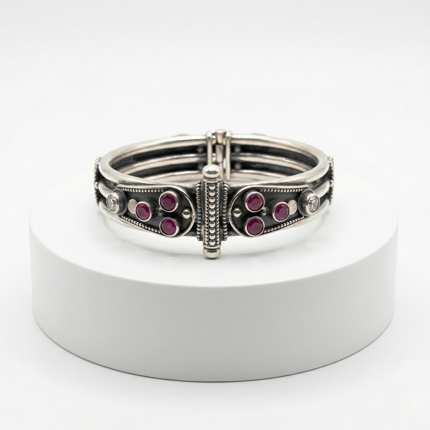 Oxidized Silver Ruby Studded Kada Bracelet