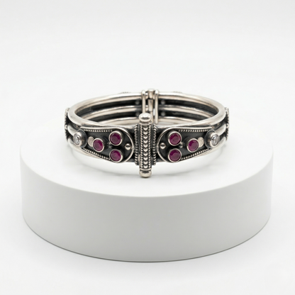 Oxidized Silver Ruby Studded Kada Bracelet