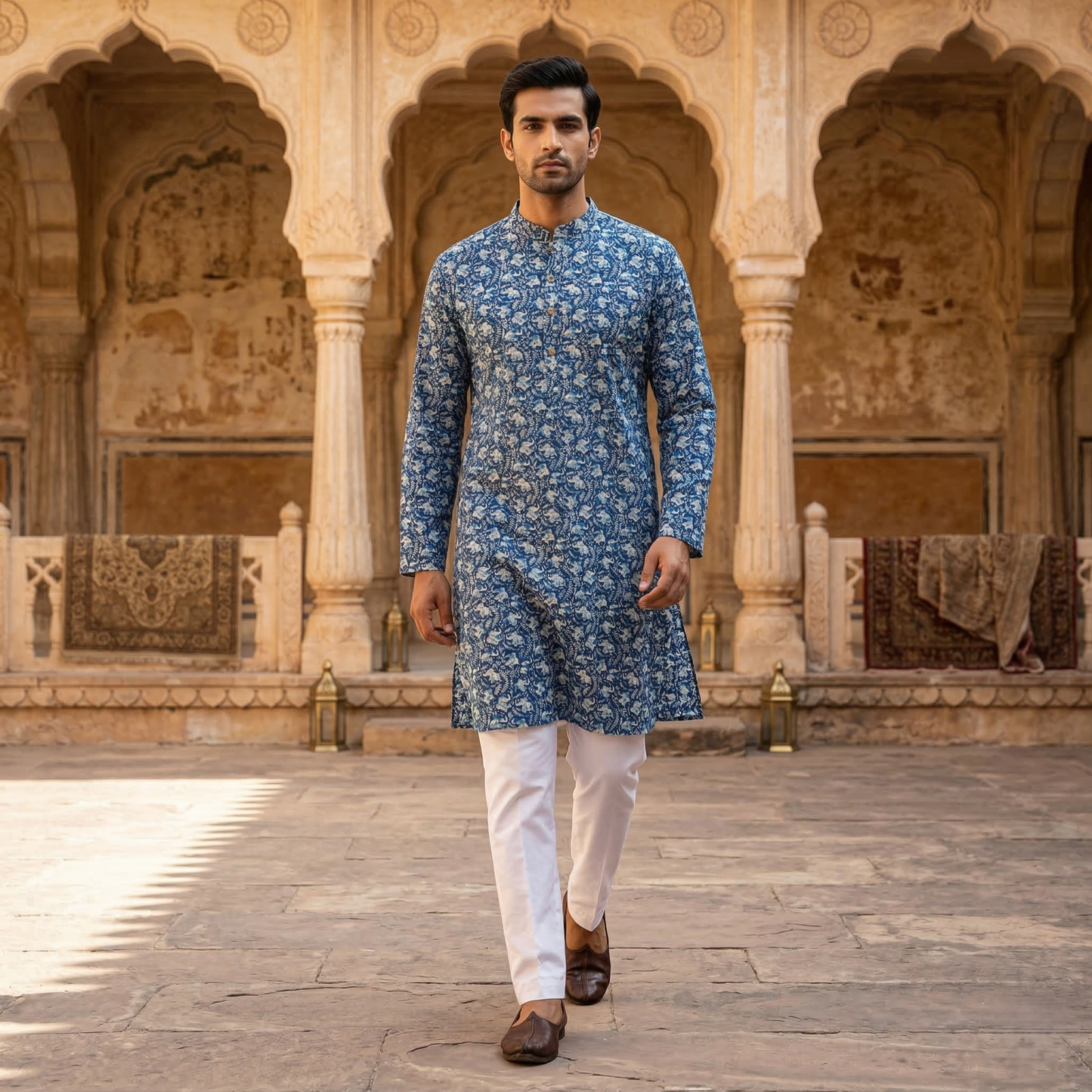 Indigo Floral Print Cotton Men's Kurta