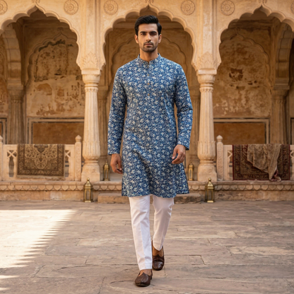 Indigo Floral Print Cotton Men's Kurta