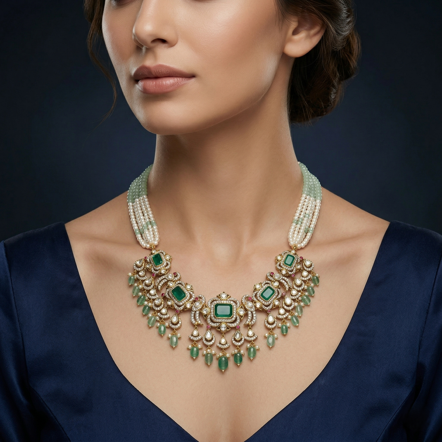 Ethereal Emerald Silver Pearl Heritage Necklace
