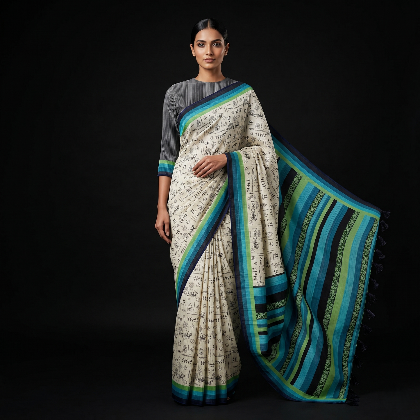 Contemporary Warli Print Tussar Silk Saree