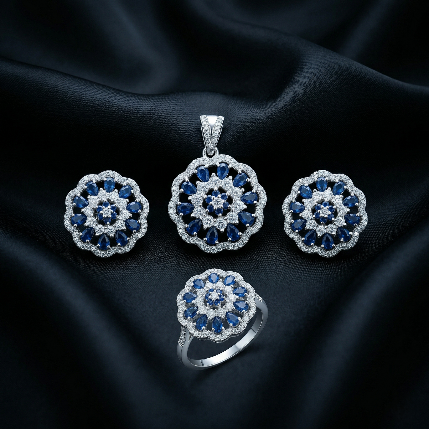 Sparkling Sapphire Floral Silver Pendant Set