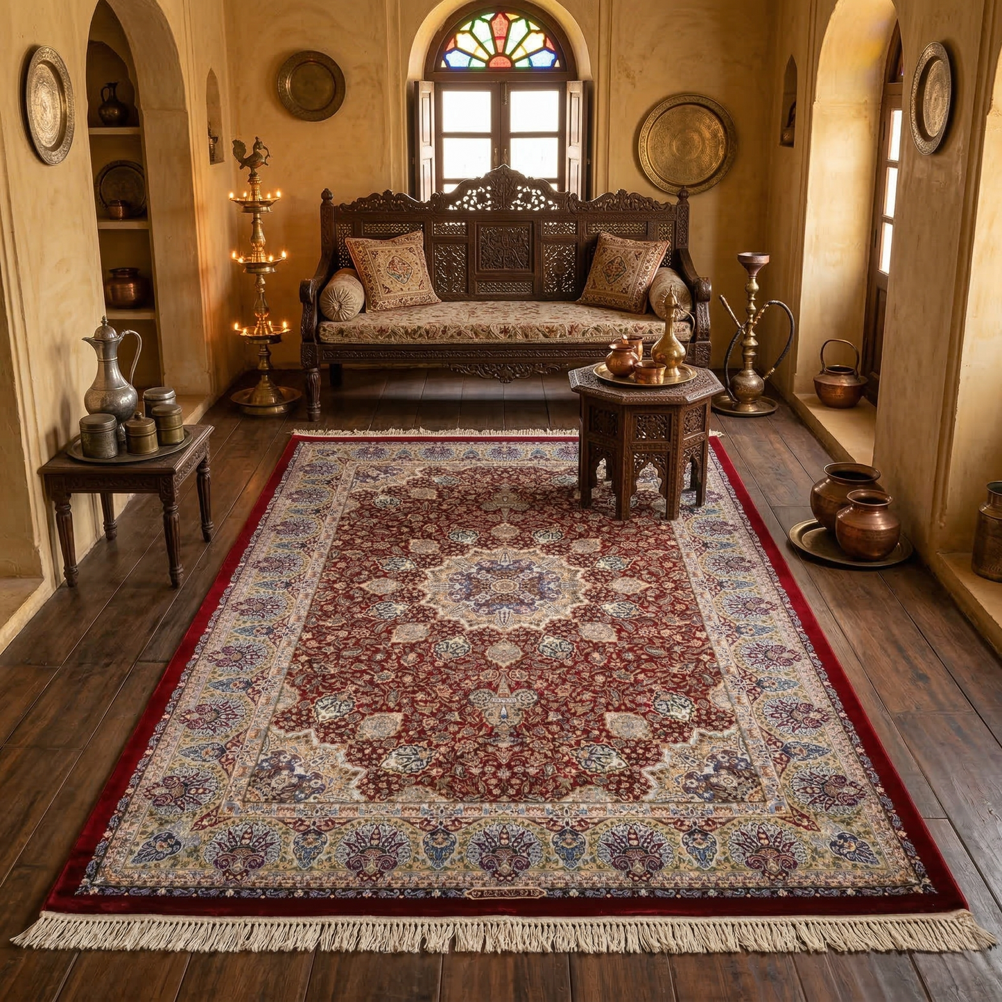 Regal Crimson Hand Knotted Medallion Rug