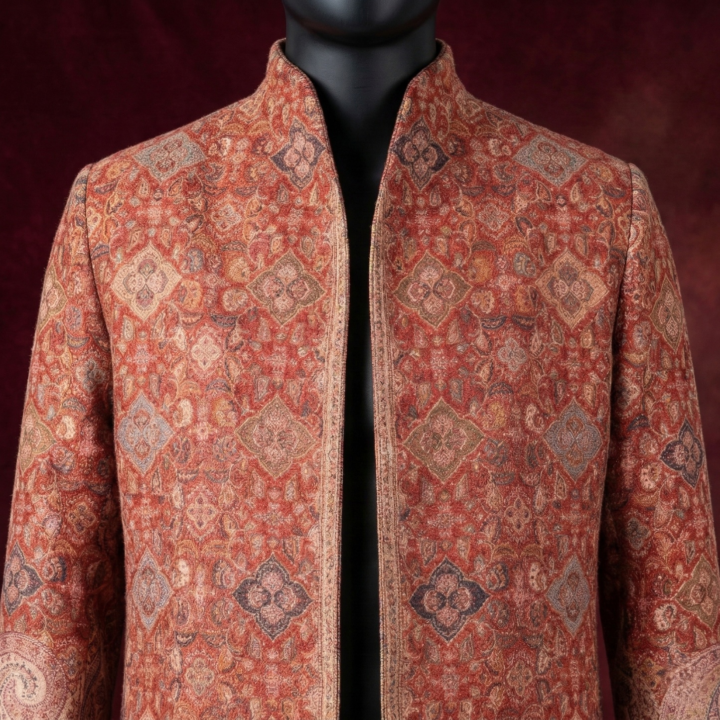 Ornate Crimson Tapestry Stand Collar Long Coat