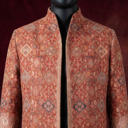 Ornate Crimson Tapestry Stand Collar Long Coat