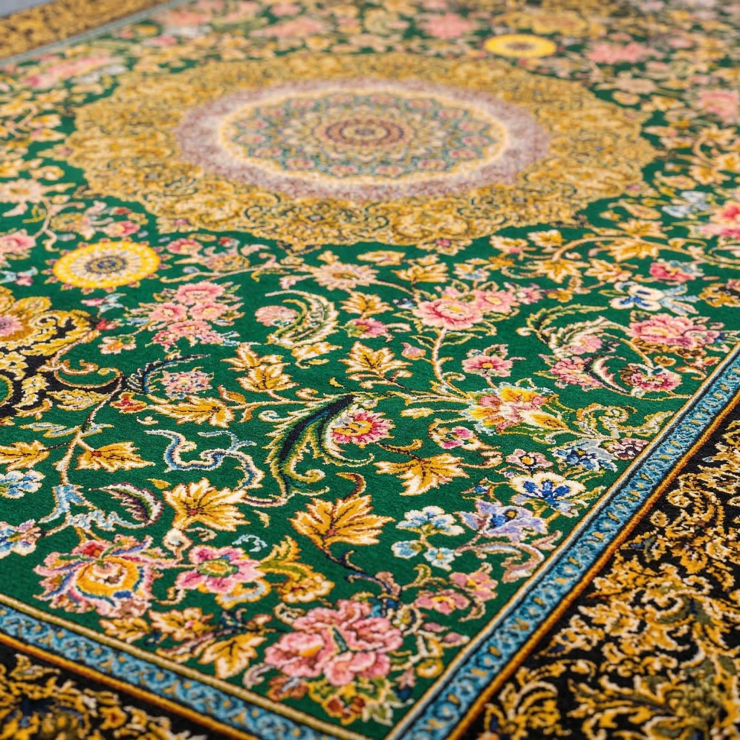 Royal Emerald Persian Floral Silk Rug