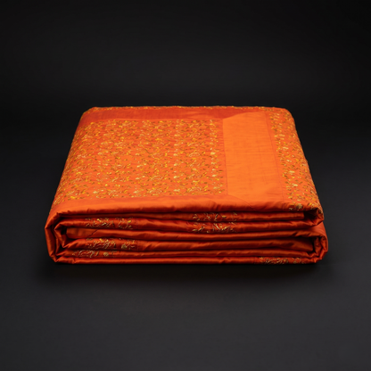 Luxurious Saffron Silk Hand Embroidered Bedcover