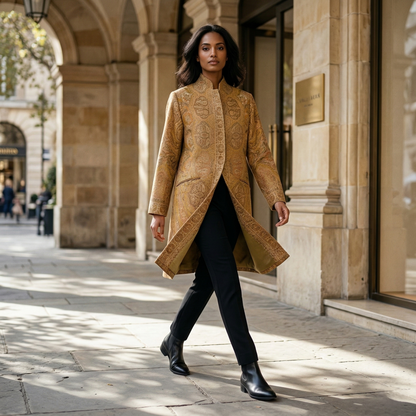 Regal Elegance in Golden Artisan Jacquard Long Coat