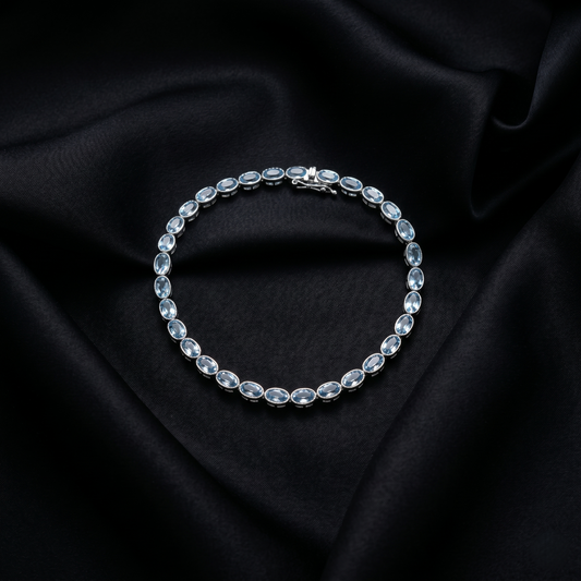 Elegant Oval Aquamarine Silver Tennis Bracelet