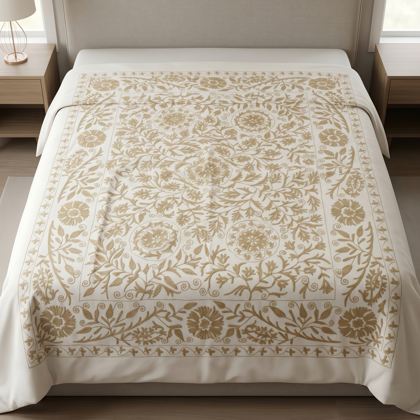 Ivory Floral Hand Embroidered Luxury Bedcover
