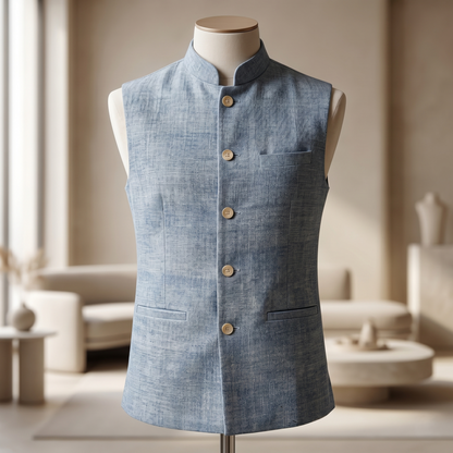 Premium Sky Blue Heritage Linen Waistcoat