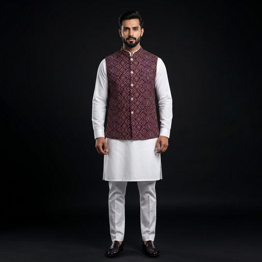 Royal Purple Bandhani Silk Heritage Waistcoat