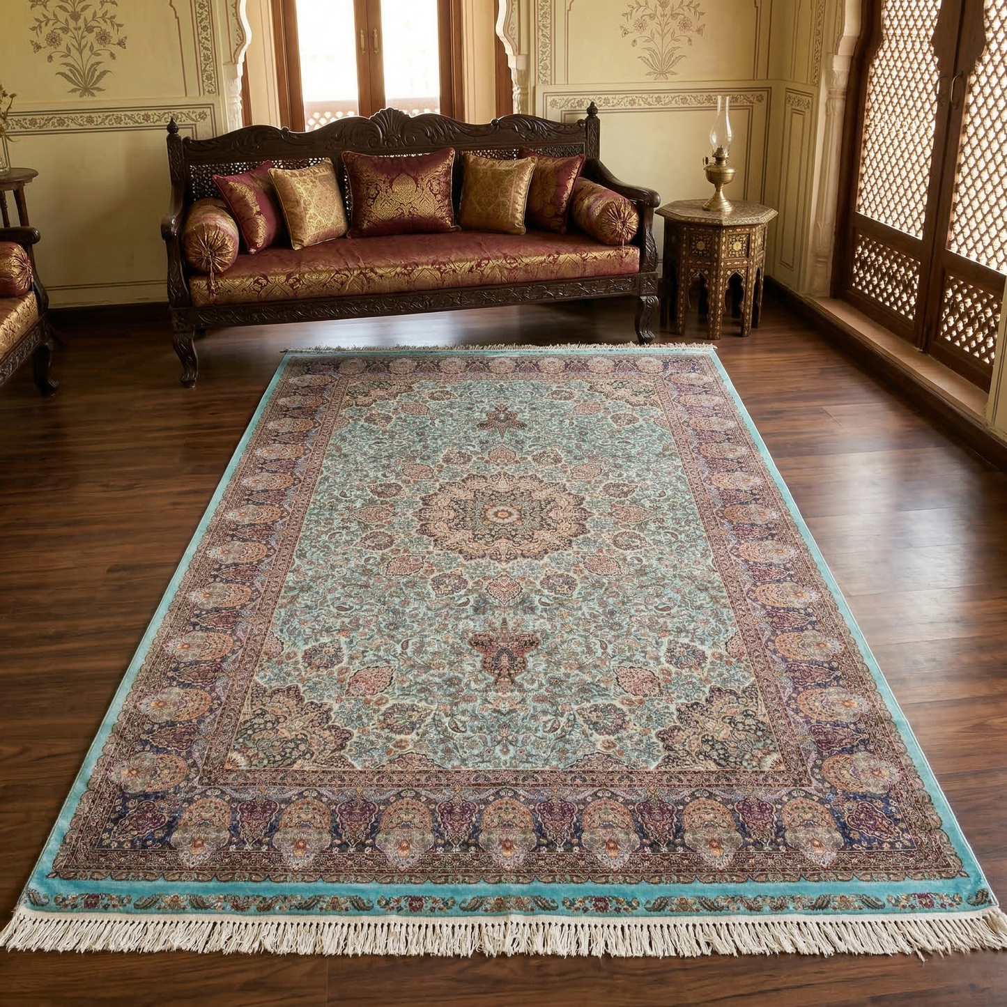 Turquoise Medallion Traditional Persian Style Rug
