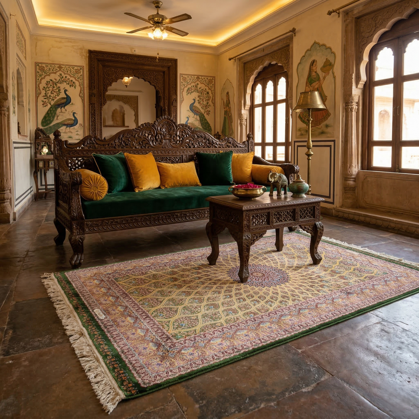 Hand Knotted Golden Medallion Persian Silk Rug