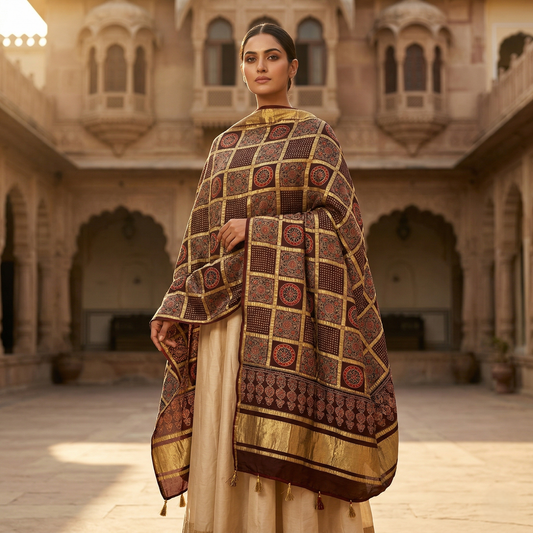 Maroon Silk Ajrakh Print Heritage Dupatta