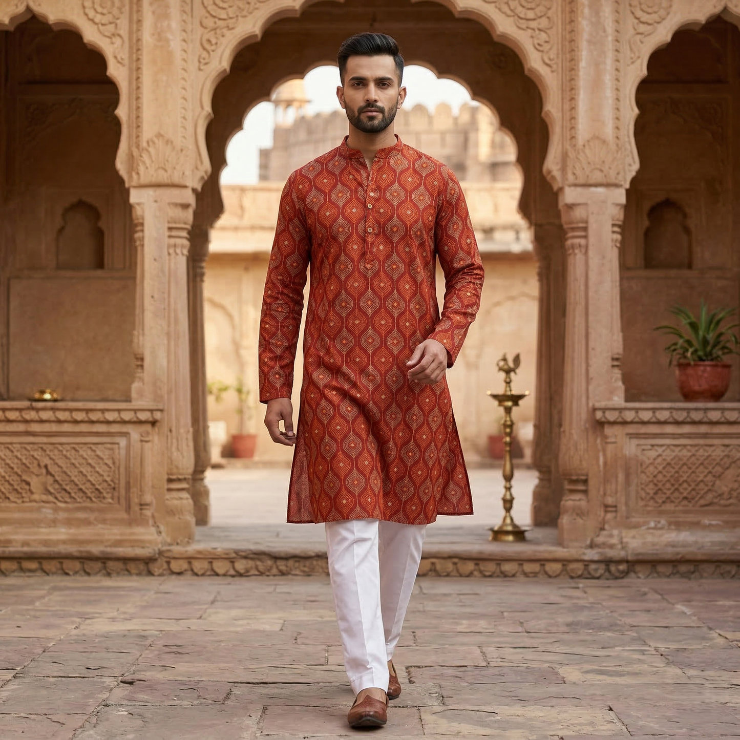 Rustic Elegance Rust Printed Silk Kurta