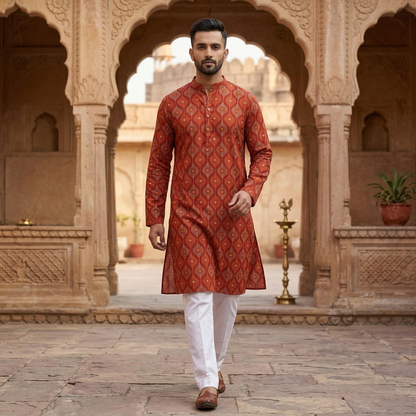 Rustic Elegance Rust Printed Silk Kurta
