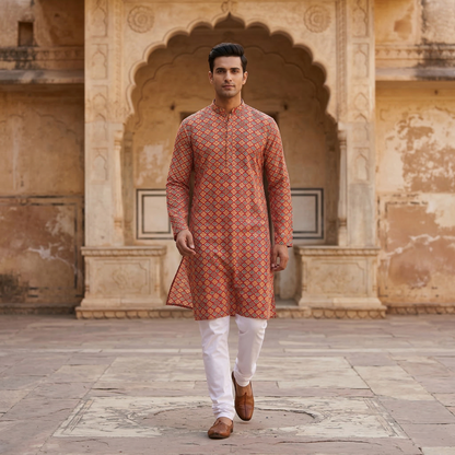 Regal Rust Geometric Print Men's Kurta