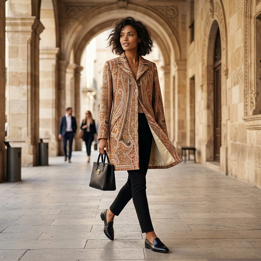 Ornate Earth-Tone Paisley Longline Coat
