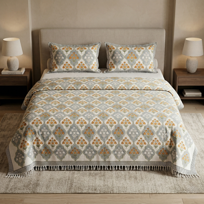 Mughal Buta Grey Khadi Bedcover Set