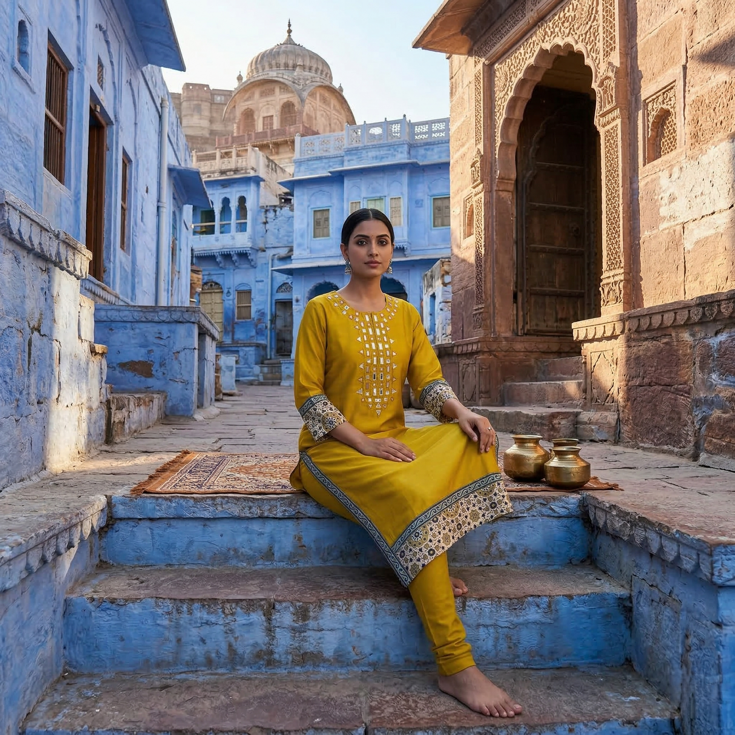 Mustard Mirror Work Kurti