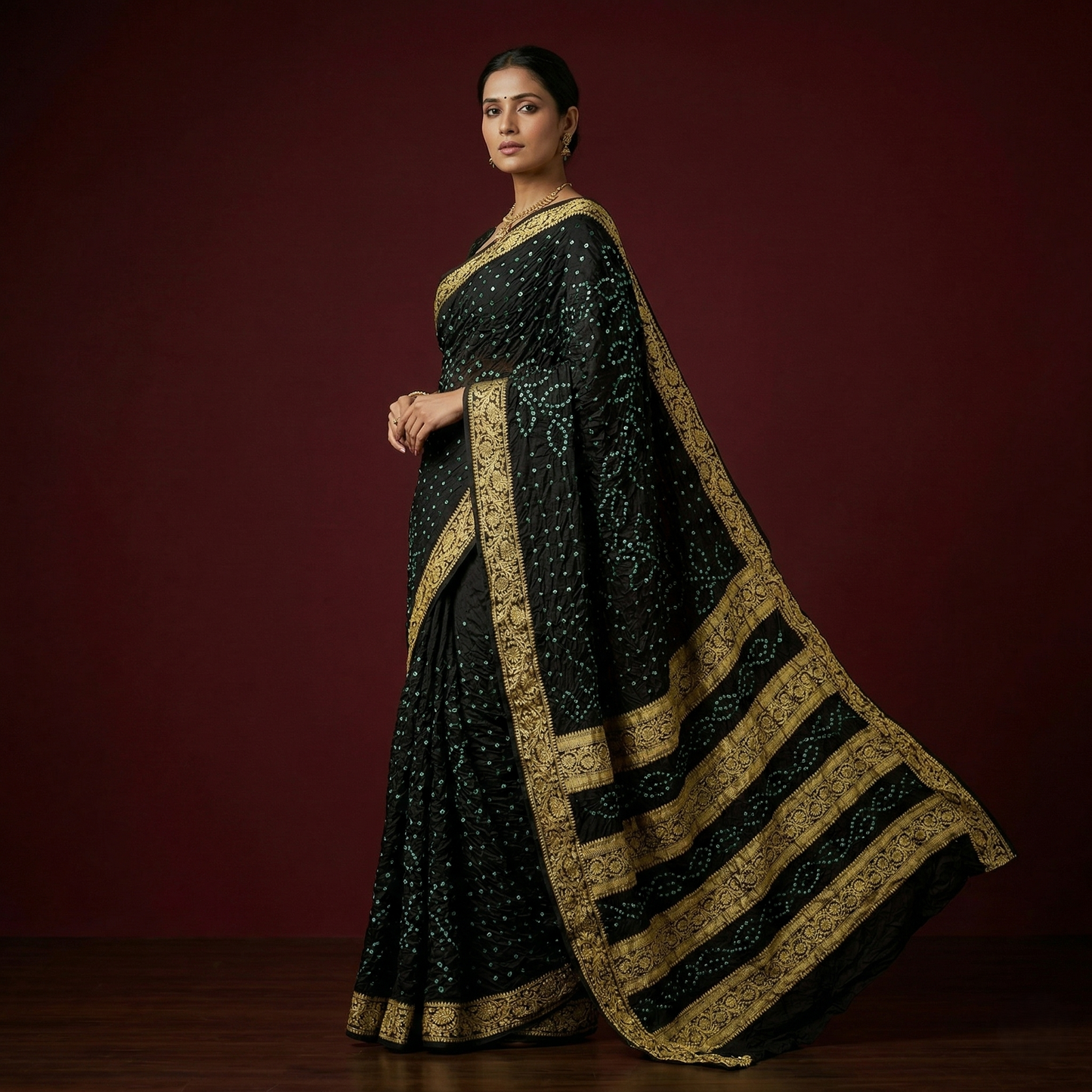 Black Bandhani Silk Saree With Zari