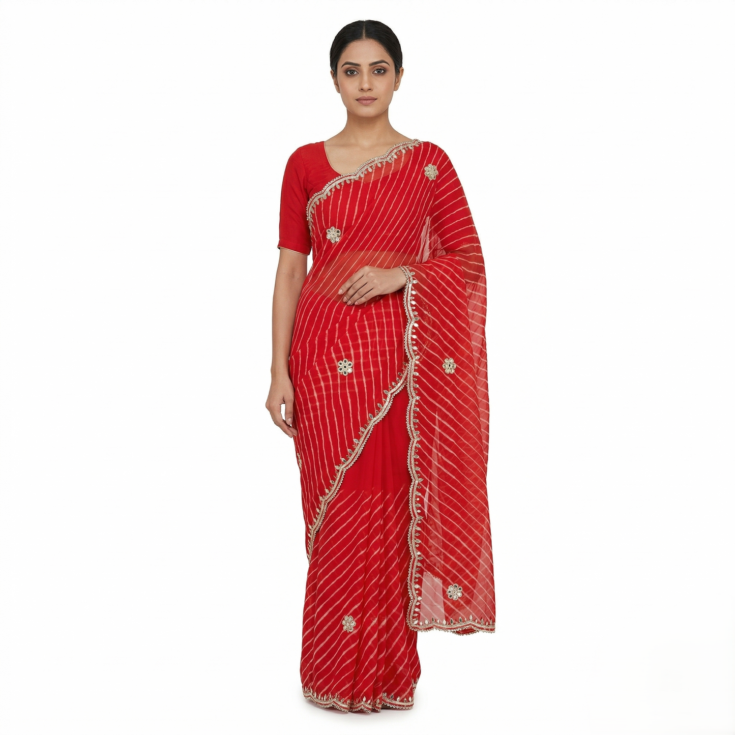 Crimson Leheriya Saree with Gota Work