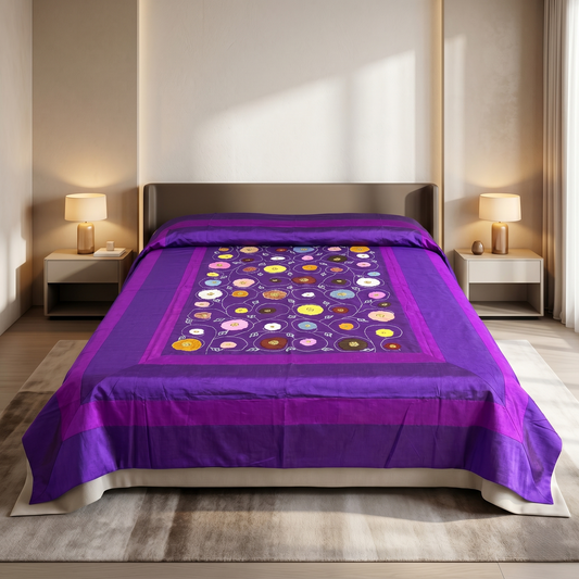 Royal Purple Silk Embroidered Floral Bedcover