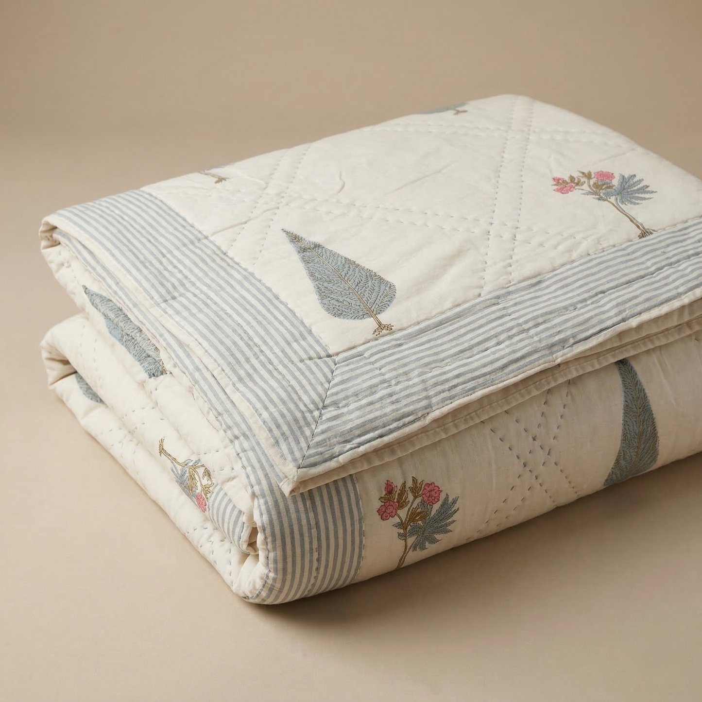 Hand Block Printed Floral Diamond Quilt