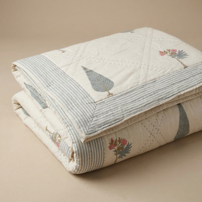 Hand Block Printed Floral Diamond Quilt