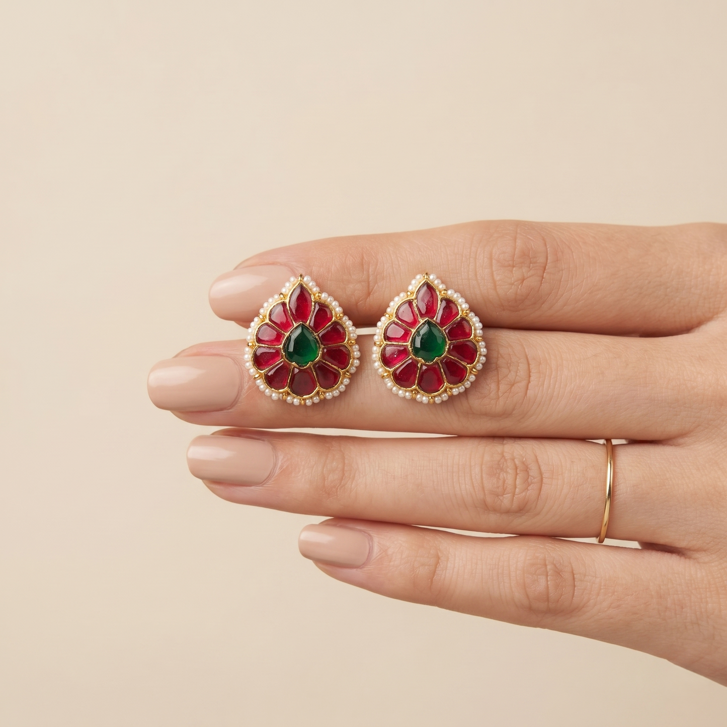 Floral Ruby Emerald Gold Plated Studs