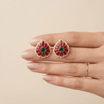 Floral Ruby Emerald Gold Plated Studs