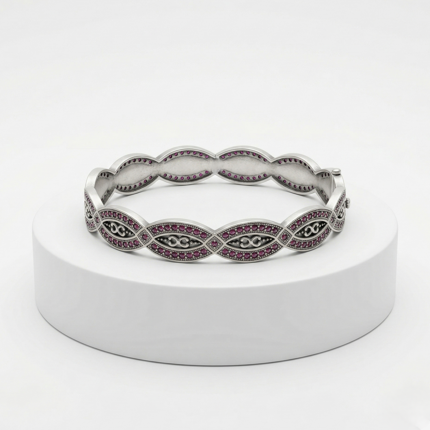 Intricate Silver Ruby-Encrusted Infinity Kada