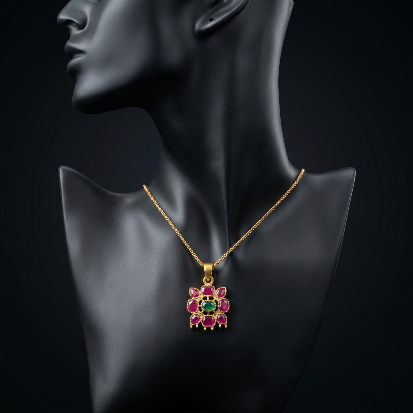 Handcrafted Ruby Emerald Silver Square Pendant