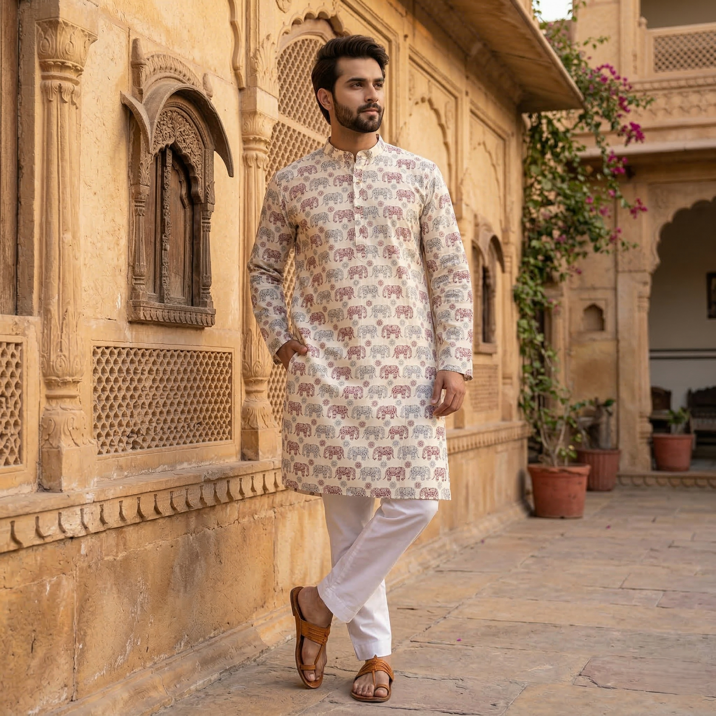 Regal Elephant Print Hand Block Kurta