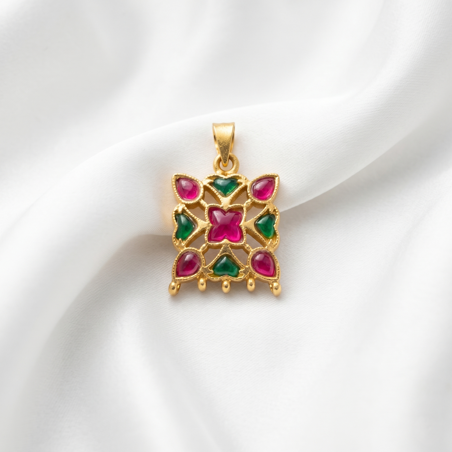 Handcrafted Floral Silver Ruby Emerald Pendant