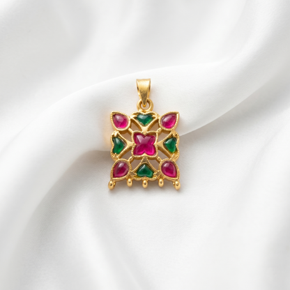 Handcrafted Floral Silver Ruby Emerald Pendant