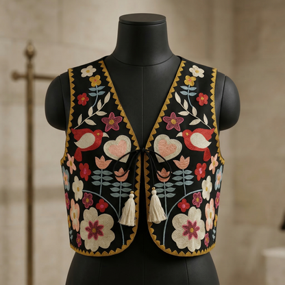 Floral Folk Art Embroidered Waistcoat Vest