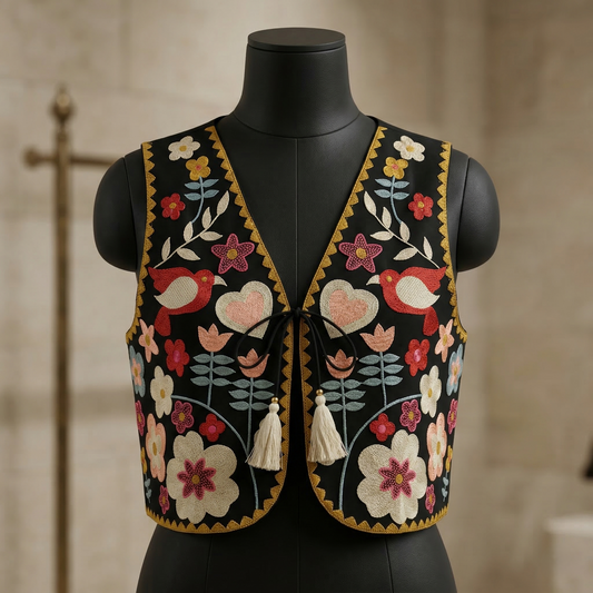 Floral Folk Art Embroidered Waistcoat Vest