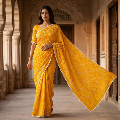 Vibrant Yellow Bandhani Silk Occasion Saree