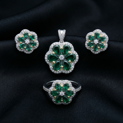 Floral Emerald 92.5 Silver Pendant Set