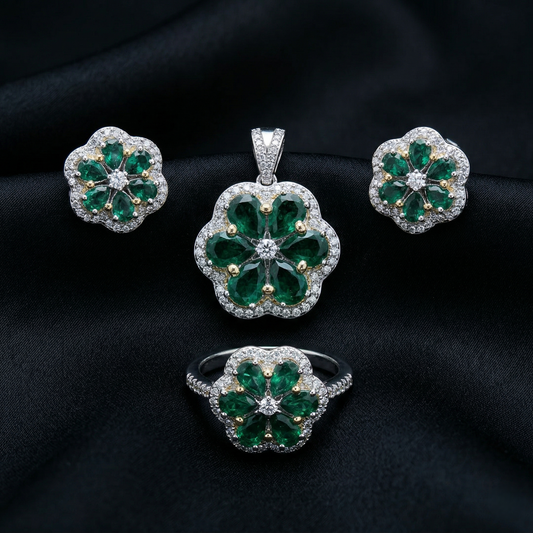 Floral Emerald 92.5 Silver Pendant Set